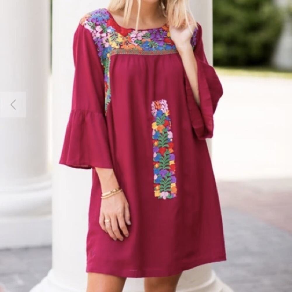 J Marie Bridget Mini Tunic Dress Floral Embroidered Burgundy Bell Sleeve Small